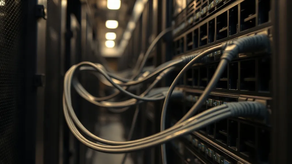 A macro photo of a server rack with disconnected ethernet ca
