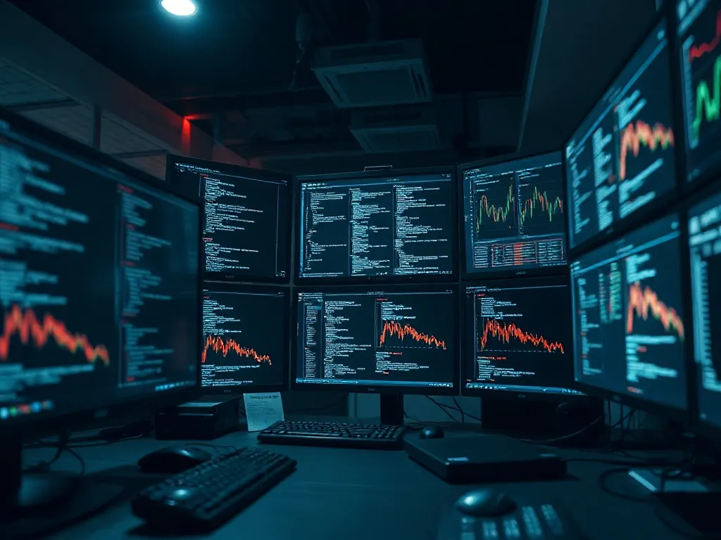 A high-tech minimalist workspace with multiple computer moni
