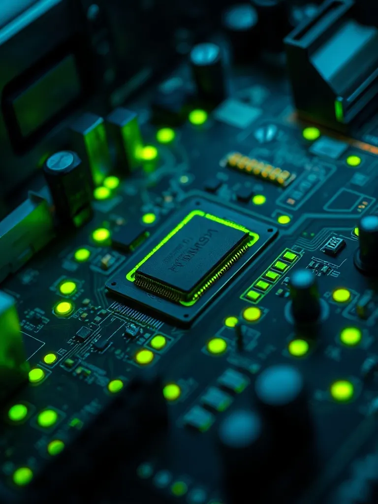 A technical macro shot of a server motherboard with glowing